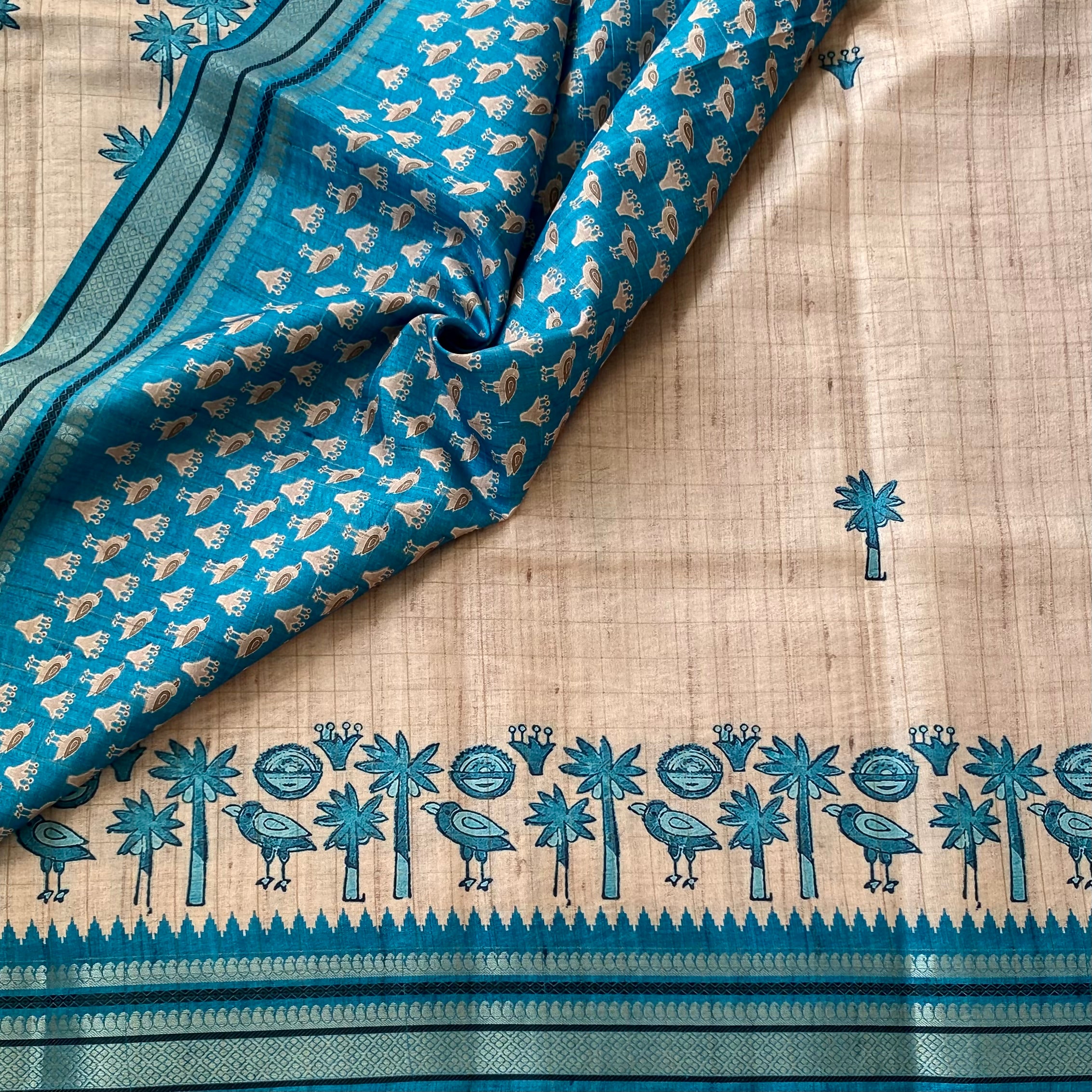 Teal Beige Bird Motif Saree With Striped Pallu And Zari Border