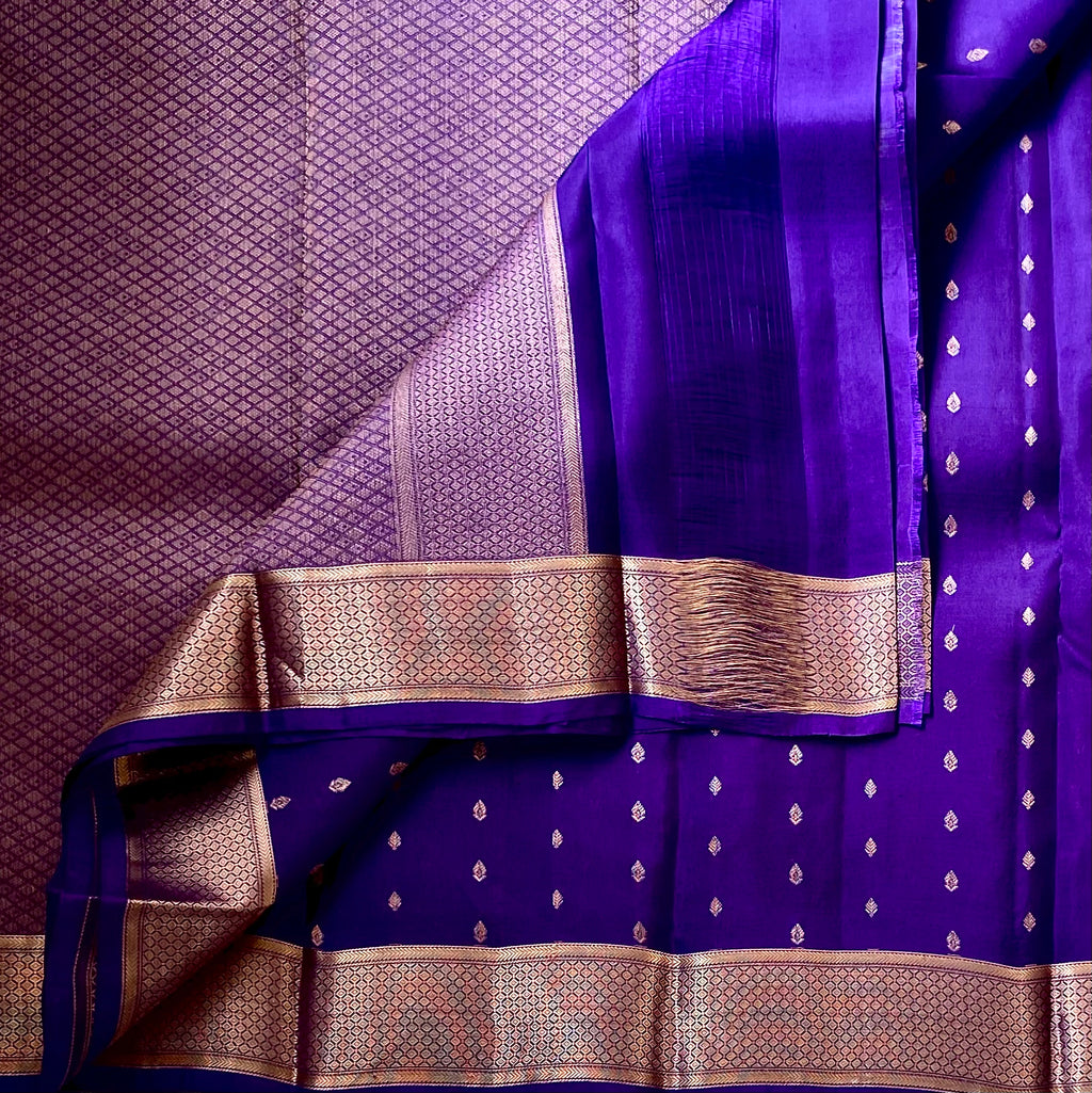 Royal Purple Silk Saree with Rose Gold Zari Lattice Border