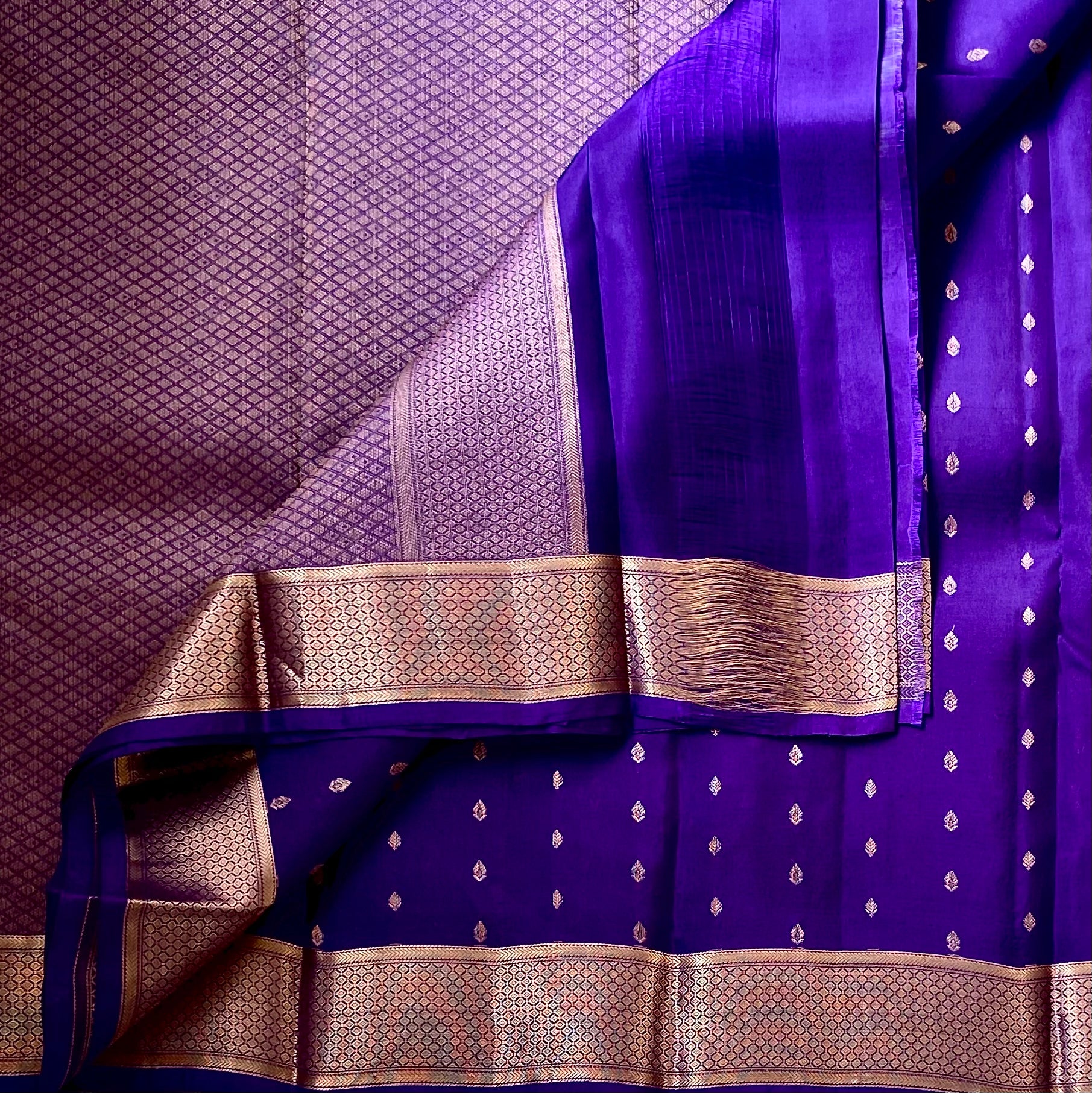 Royal Purple Silk Saree with Rose Gold Zari Lattice Border