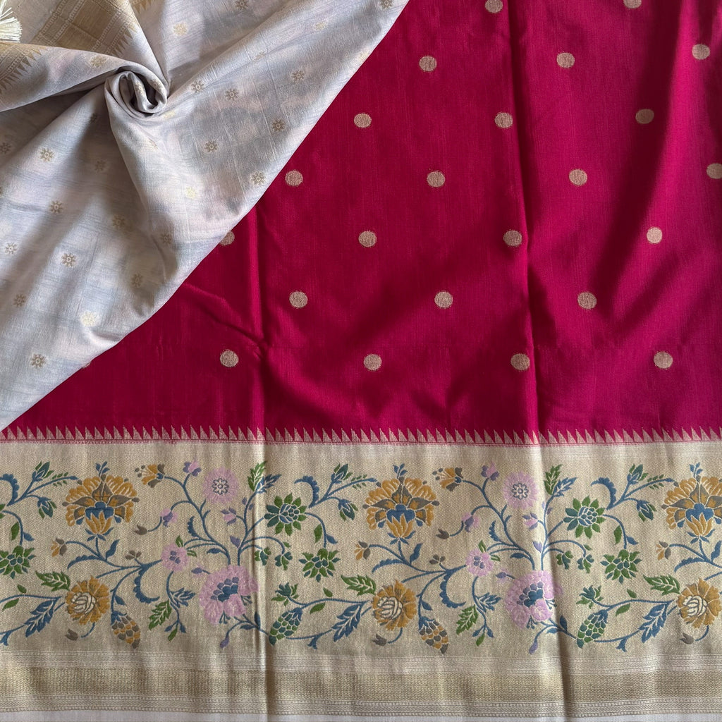 Magenta Stunner Meenakari Woven Pallu Floral Border Gold Polka Dreamy Drape