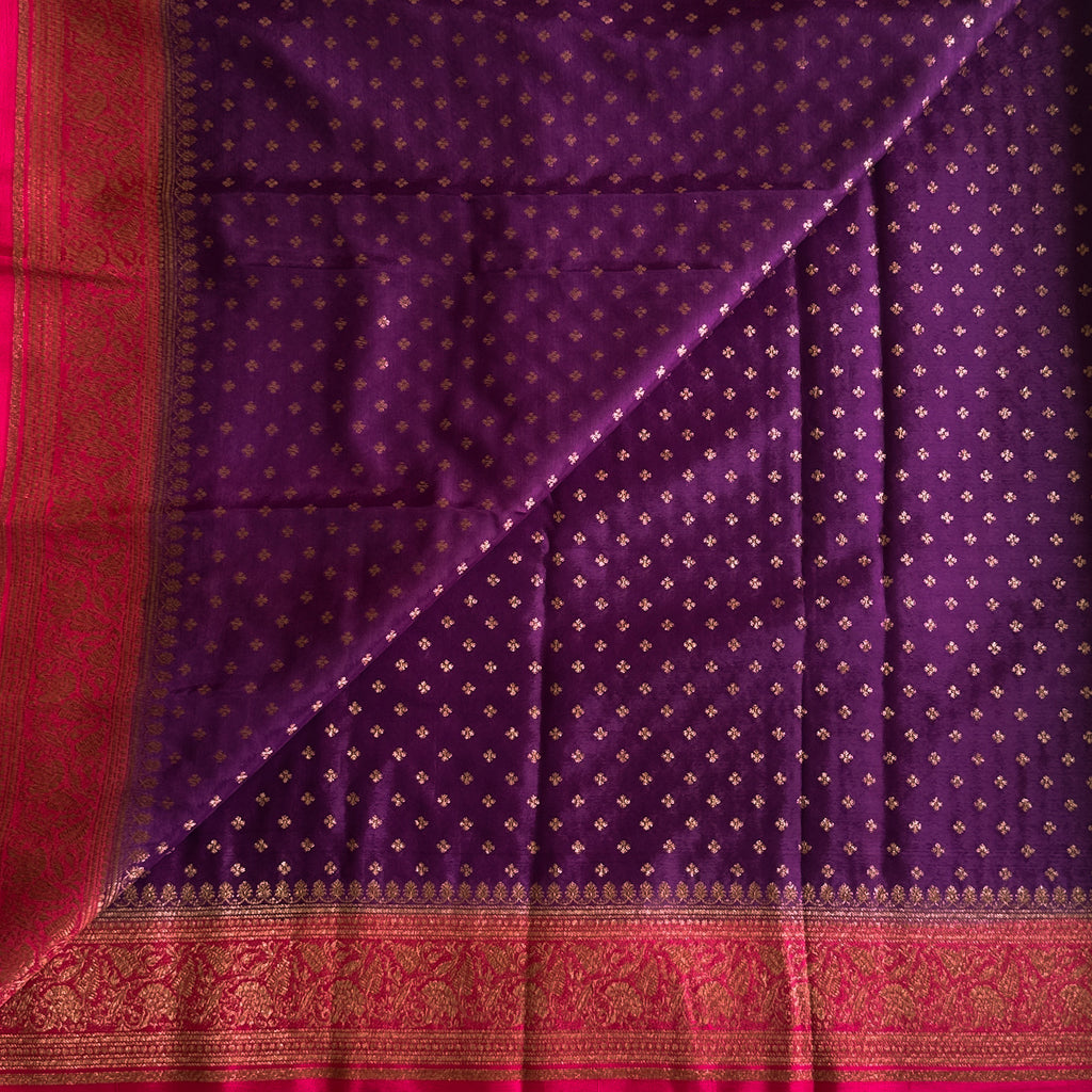 Royal Purple Magenta Silk Saree Gold Brocade Floral Wedding Attire