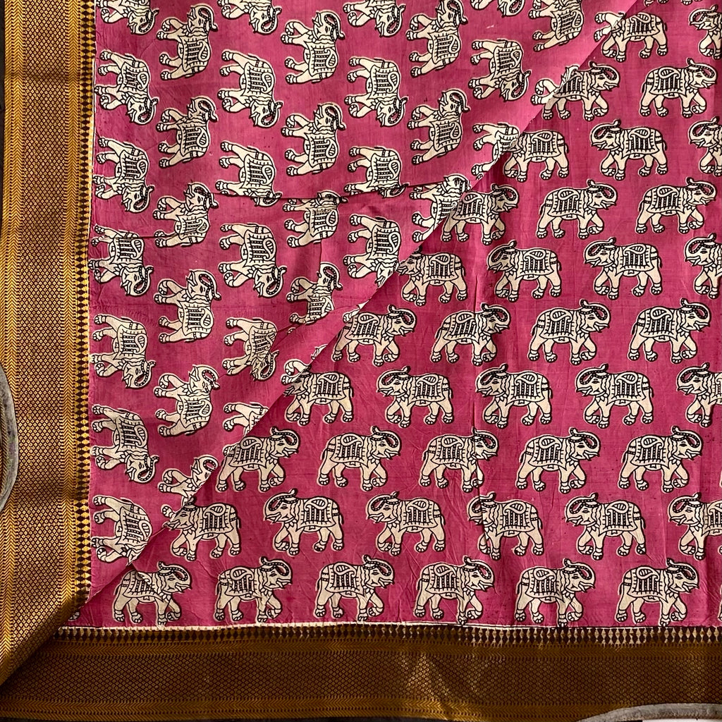 Rose Pink Kalamkari Designer Cotton Silk Saree With Antique Ivory Pallu