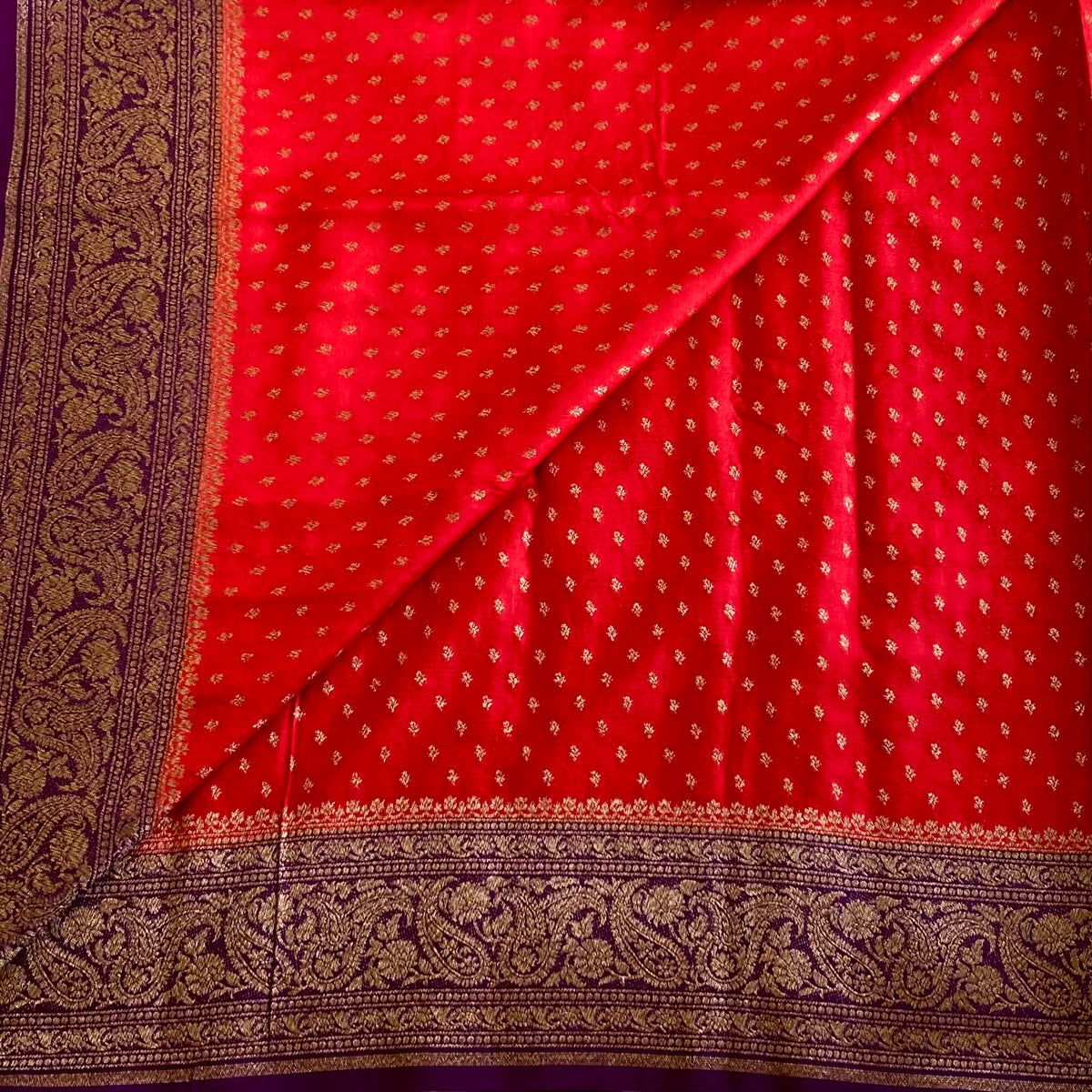 Scarlet Red Banarasi Crepe Silk Saree With Royal Purple Pallu