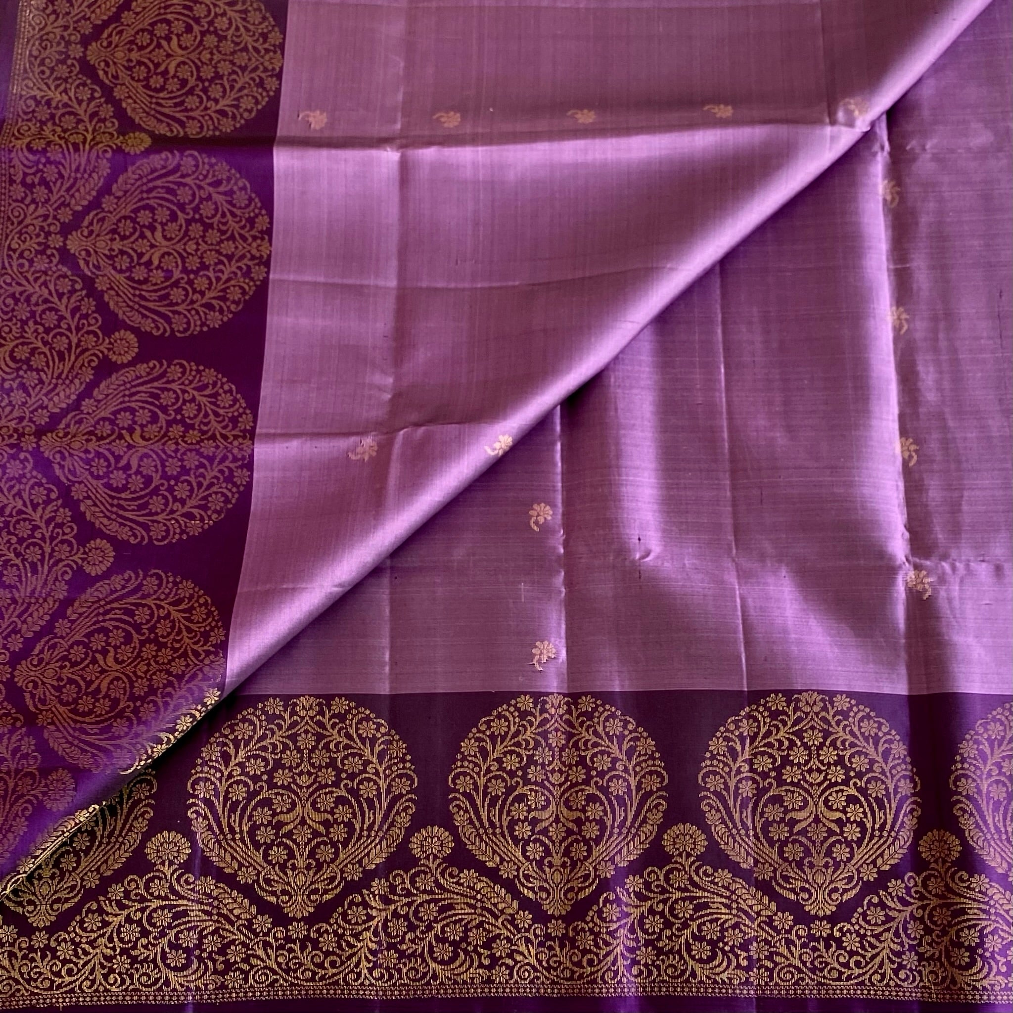 Metallic Lavender Designer Pure Silk Saree With Purple & Gold Borders