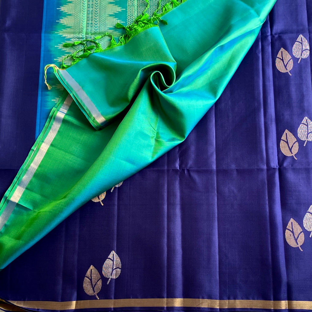 Midnight Navy Designer Pure Silk Saree With Sea Green Pallu Gold Zari