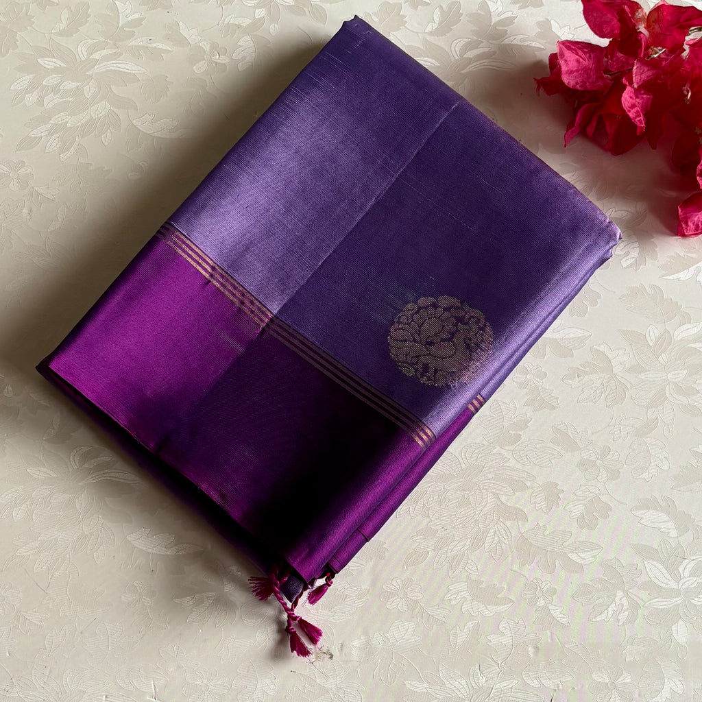 Metallic Lavender Designer Pure Silk Saree With Deep Plum Pallu