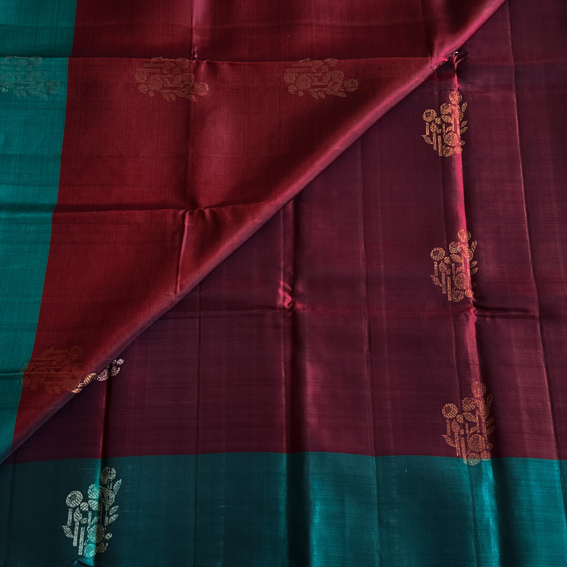 Deep Wine Maroon with Turquoise Silk Saree Silver Brocade Floral Geometric Weave Traditional