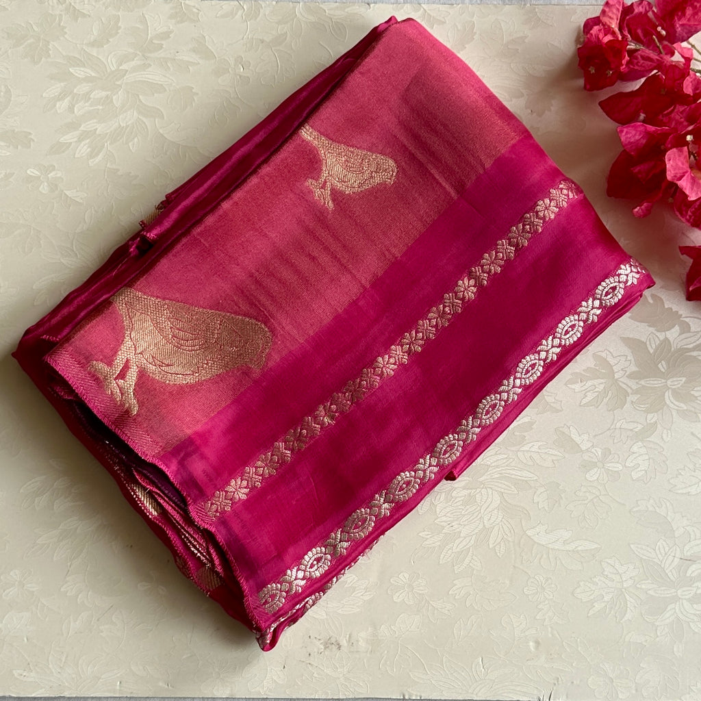 Vibrant pink with deep magenta soft crepe with quirky bird buttas