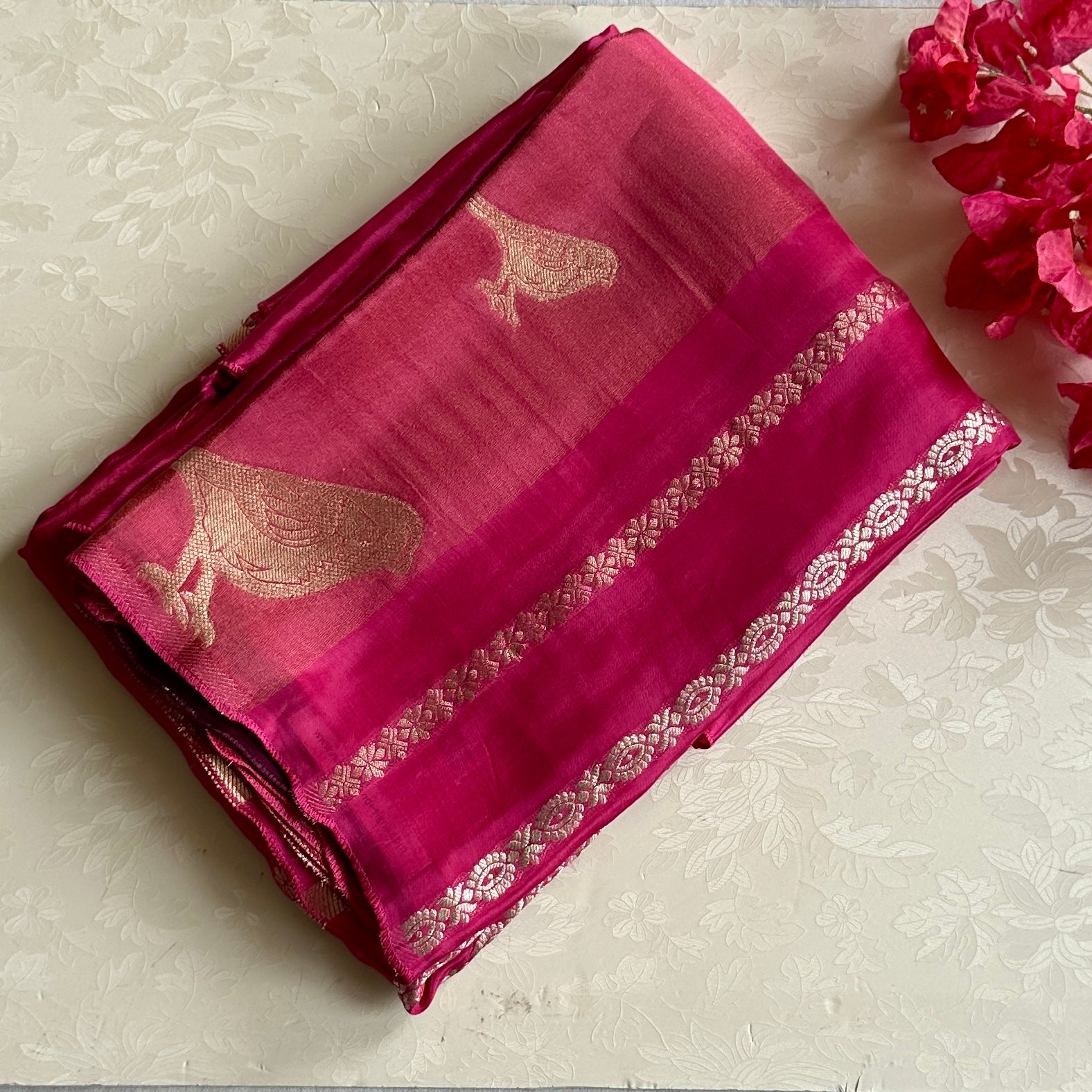 Vibrant pink with deep magenta soft crepe with quirky bird buttas