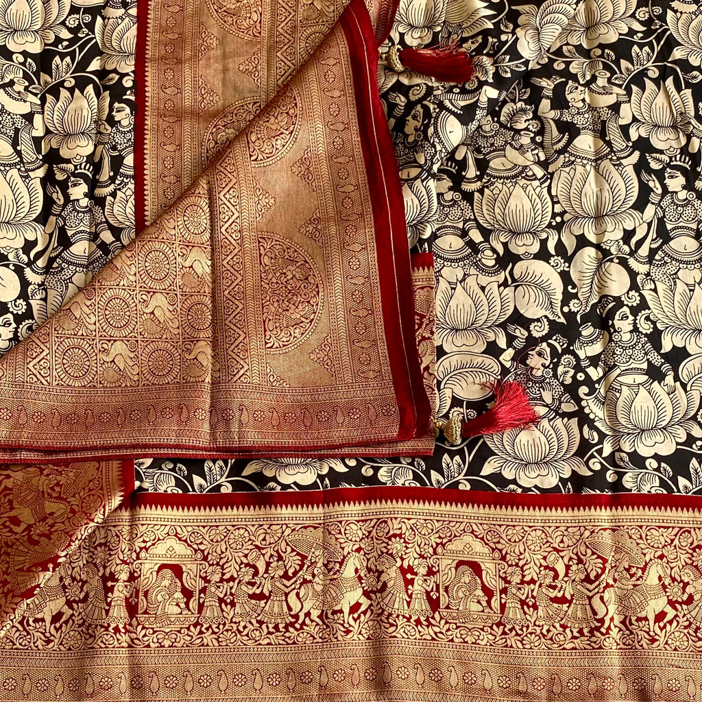 Jet Black Premium Kalamkari Soft Tussar Silk Saree With Antique Gold Deep Maroon Pallu