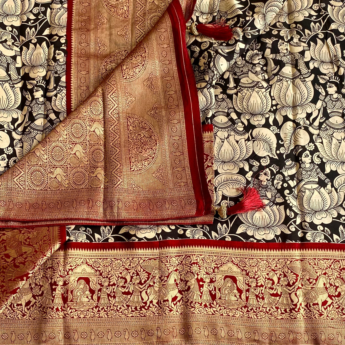 Jet Black Premium Kalamkari Soft Tussar Silk Saree With Antique Gold Deep Maroon Pallu