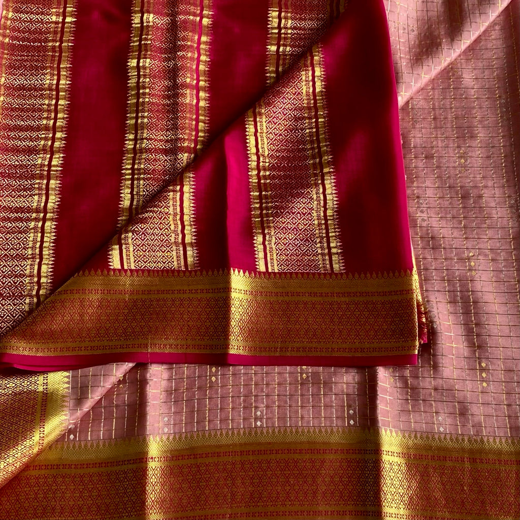 Blush Pink Mysore Crepe Silk Saree With Rani Pink Pallu