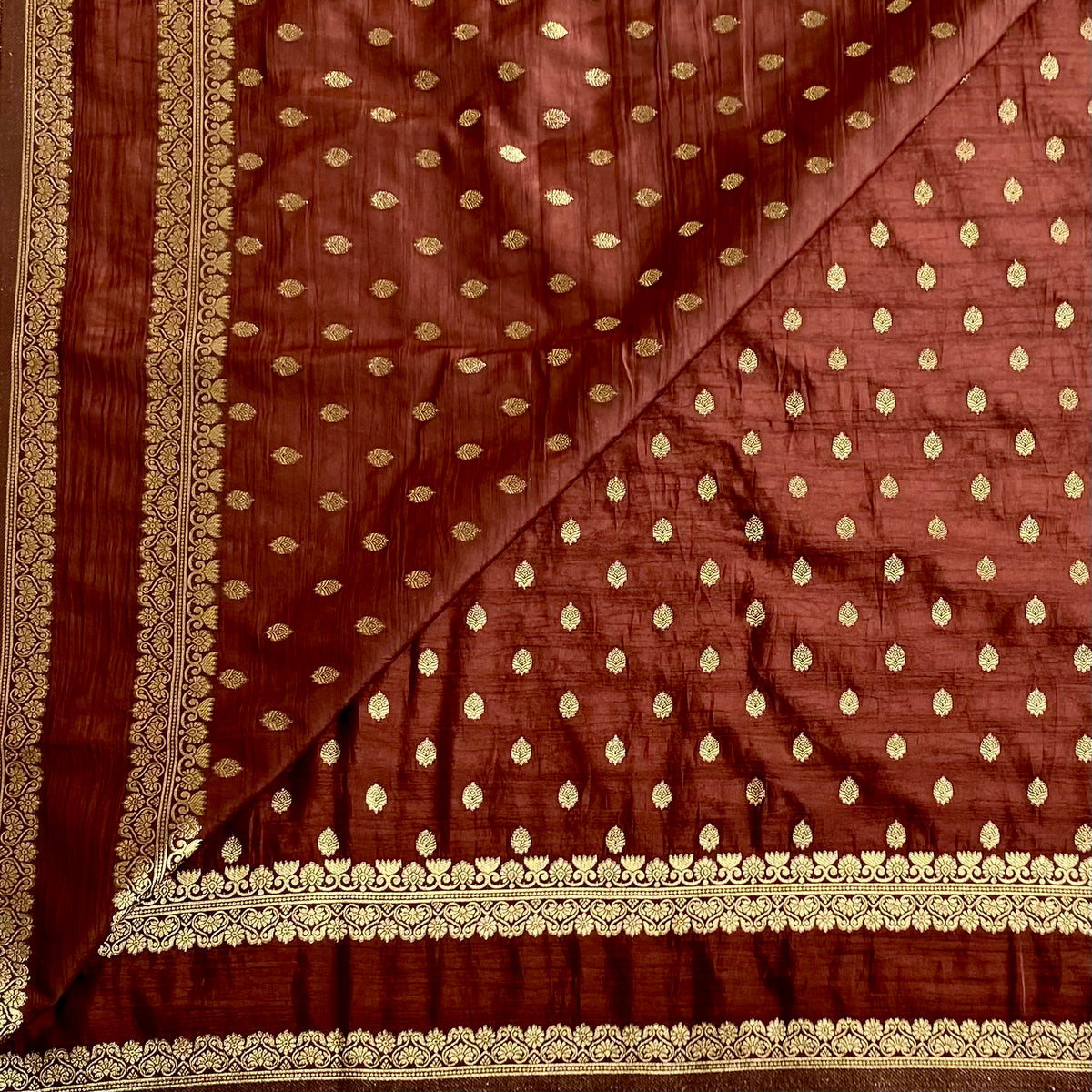 Deep Chocolate Maroon Soft Tussar Silk Saree With Rich Gold Brocade Pallu