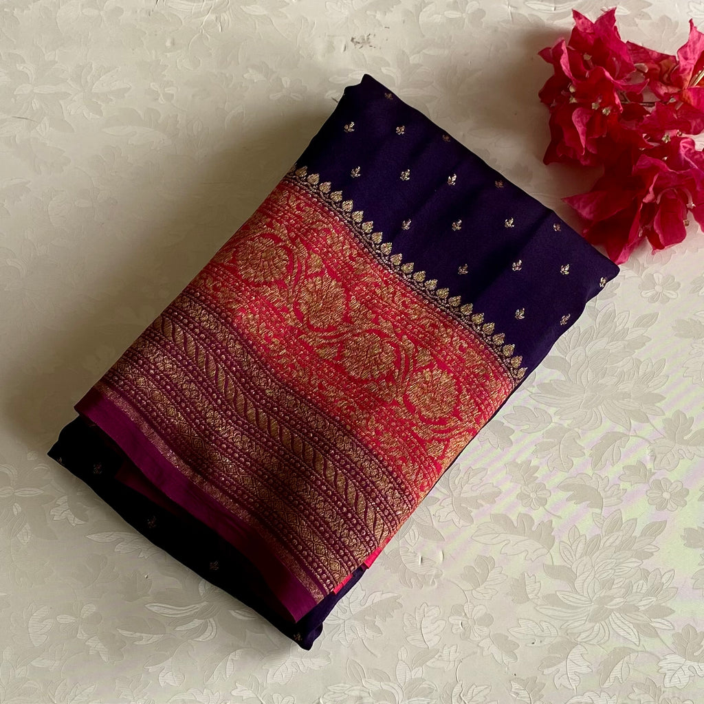 Tri Colour Brinjal Purple And Wine Rose Pink Banarasi Crepe Silk Saree With Gold Zarii