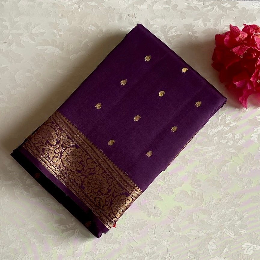 Deep Purple Designer Pure Silk Saree With Antique Gold Brocade Border