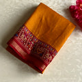 Maroon Mustard Woven Elephant Motif Saree with Golden Zari Border