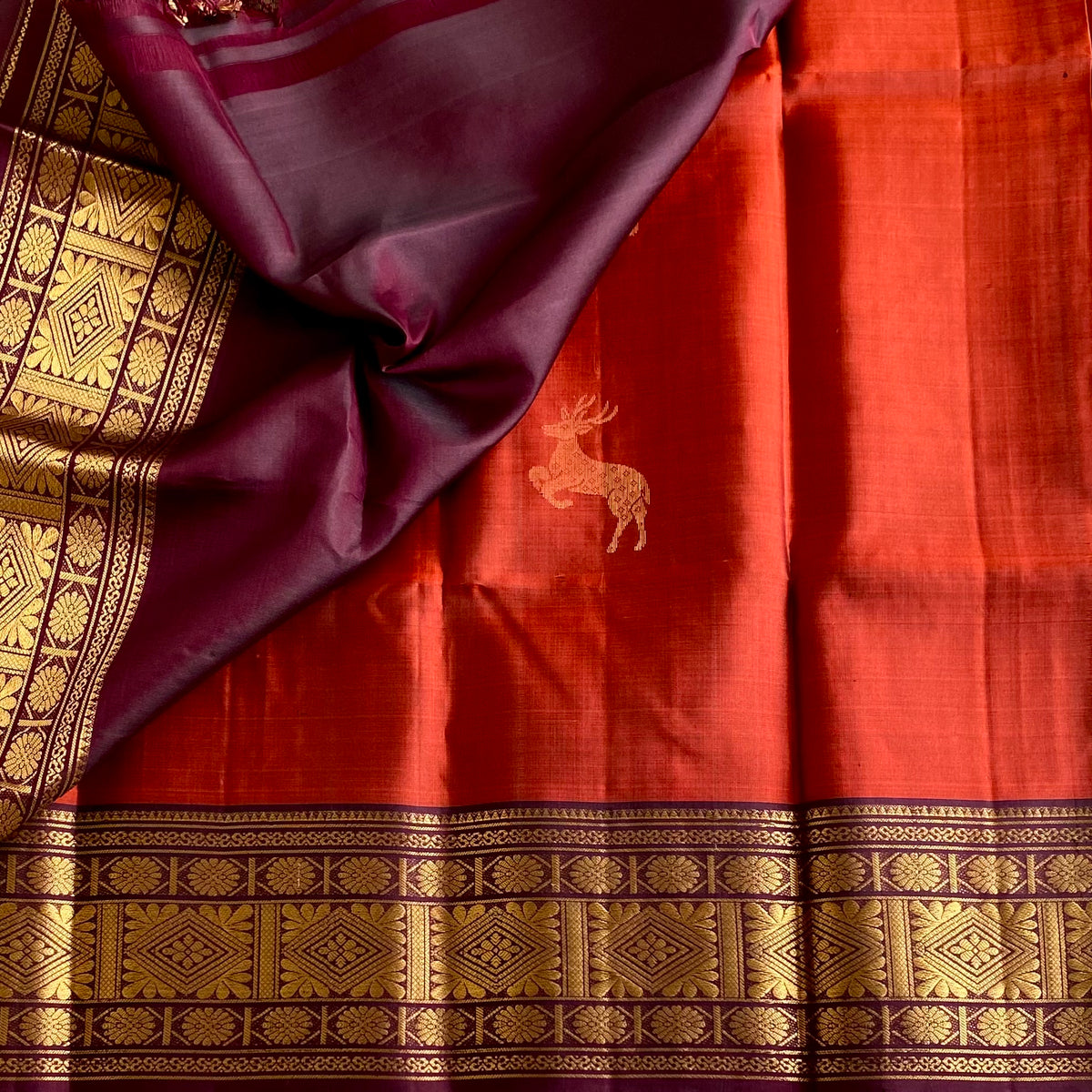 Deep Rust Orange Designer Pure Silk Saree With Wine Brown Border