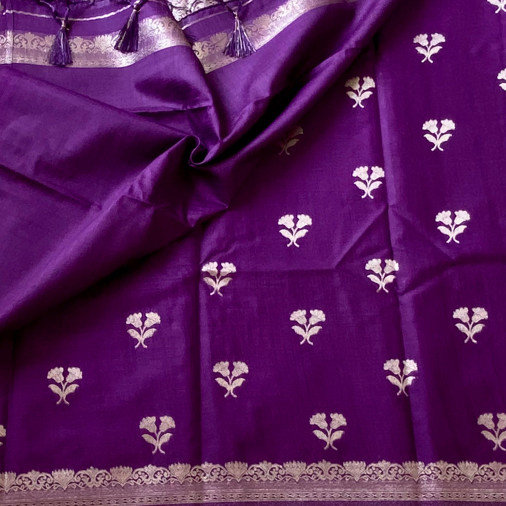 Royal Purple Brocade Saree Antique Gold Floral Border Tassel Pallu