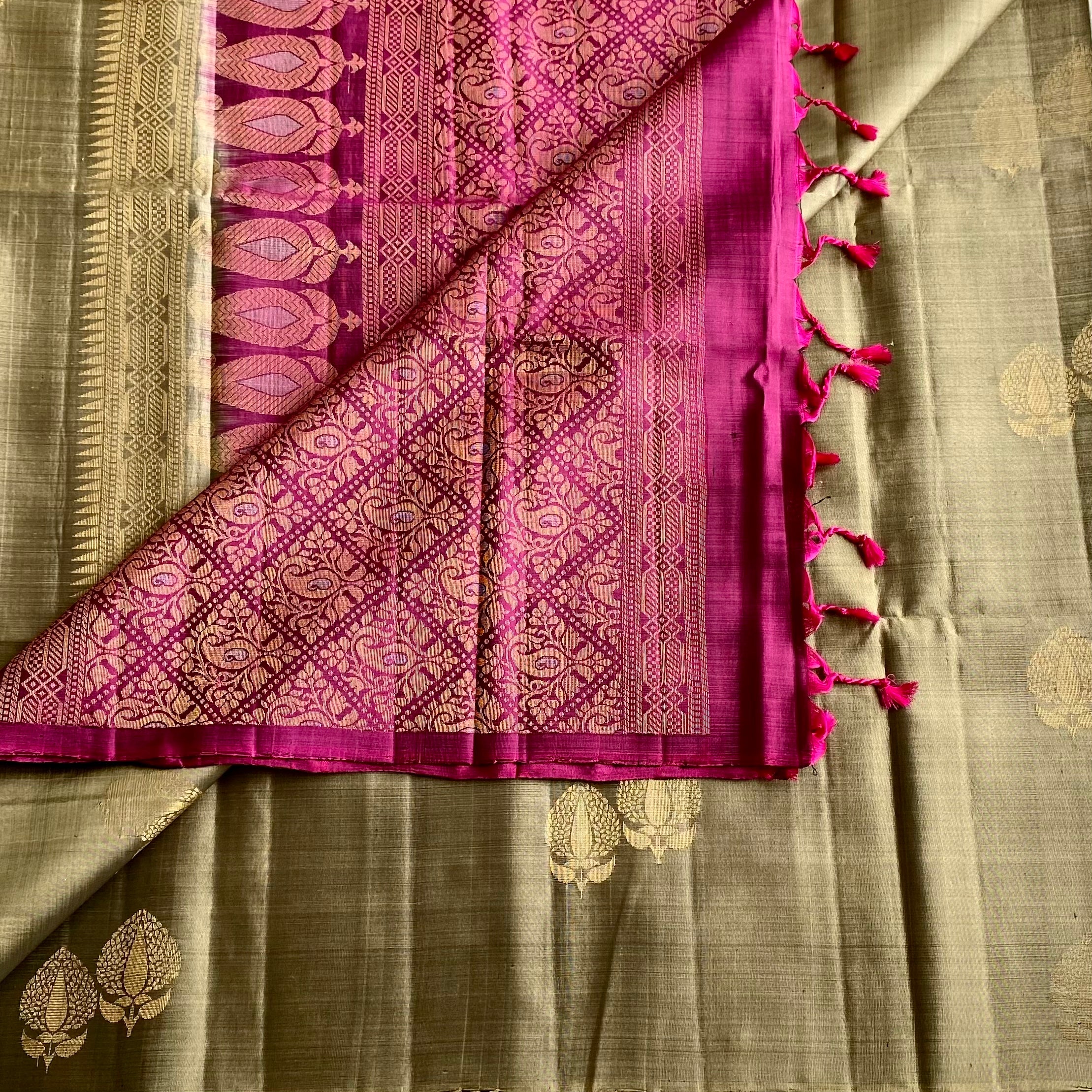 Metallic Sage Green Designer Pure Silk Saree With Magenta Pallu