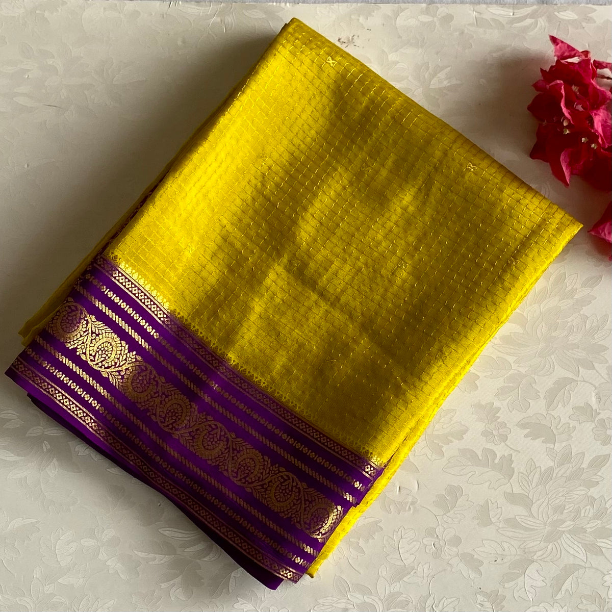 Sunflower Yellow Checketed Mysore Crepe Silk Saree With Royal Purple Pallu