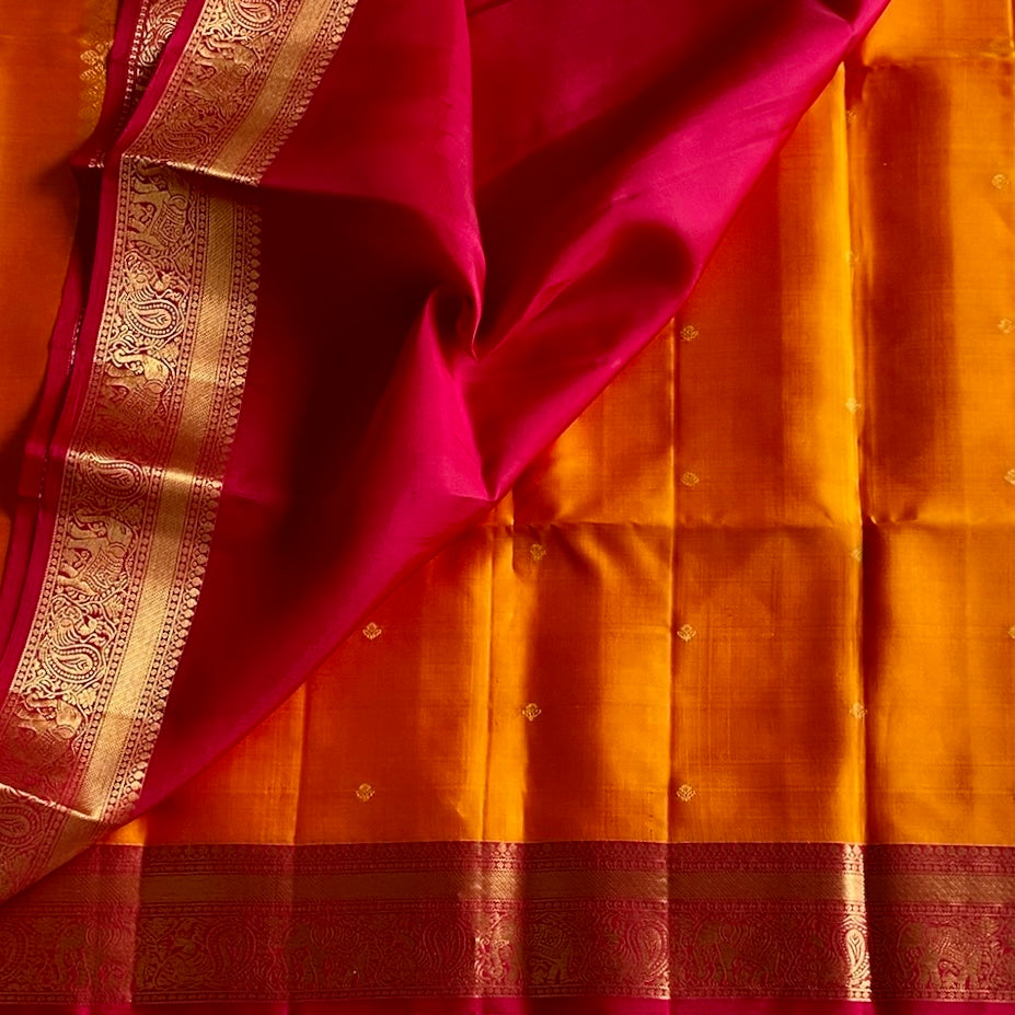Sunset Orange Designer Pure Silk  With Cherry Pink Pallu
