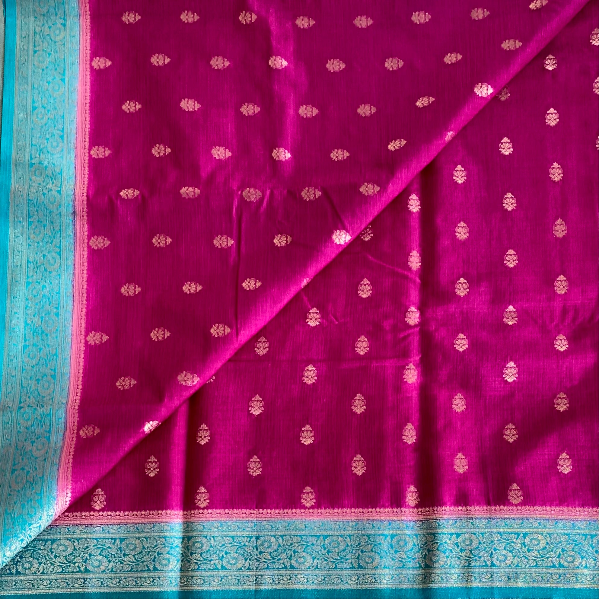 Deep Fuchsia Teal Brocade Silk Saree Silver Zari Tassel Pallu