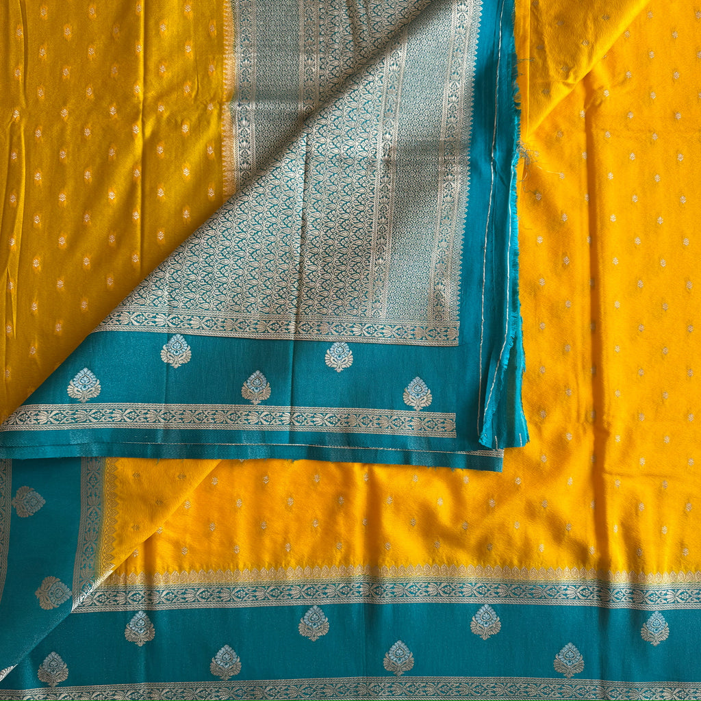 Mustard Teal Woven Saree Gold Border Traditional Festive Elegant Premium