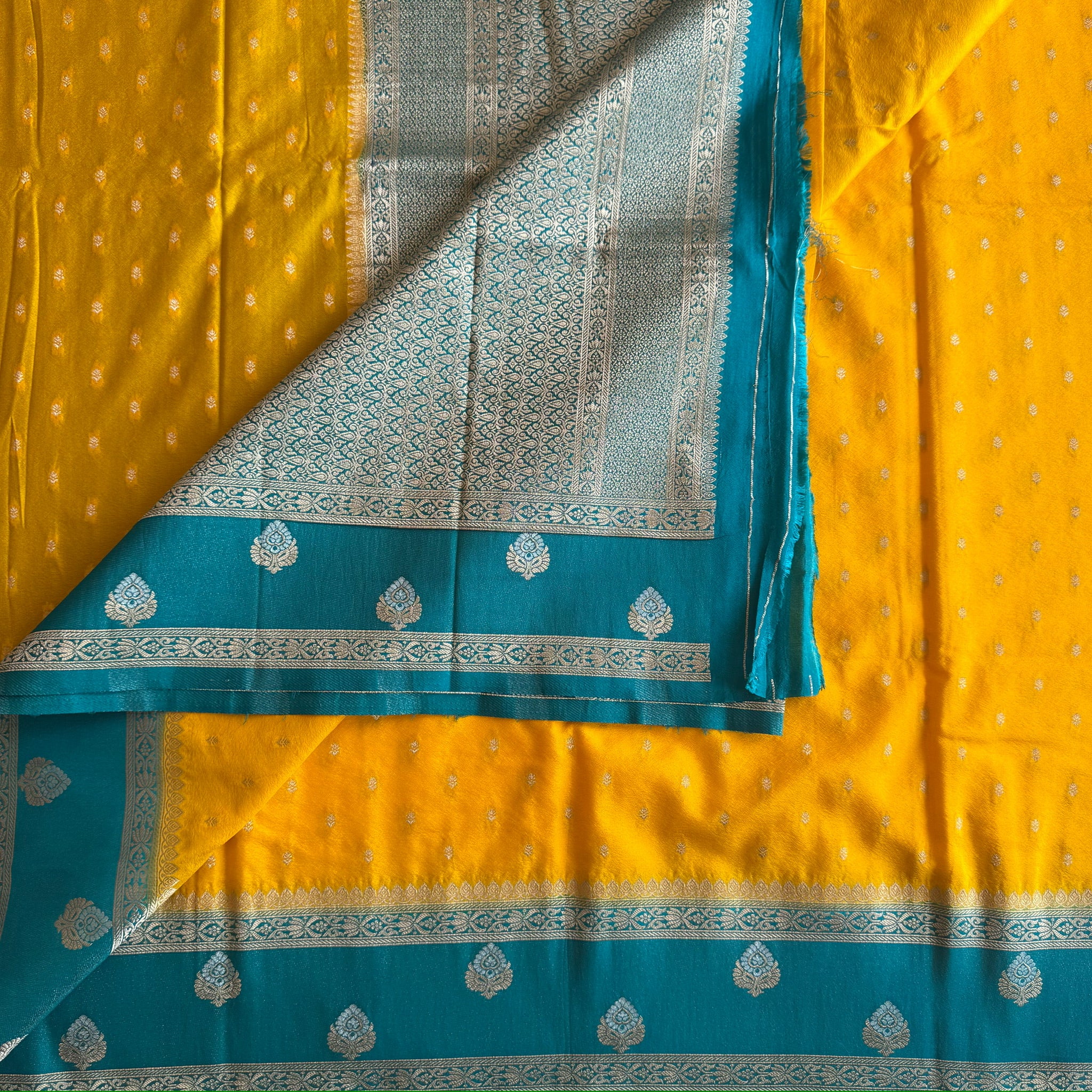 Mustard Teal Woven Saree Gold Border Traditional Festive Elegant Premium