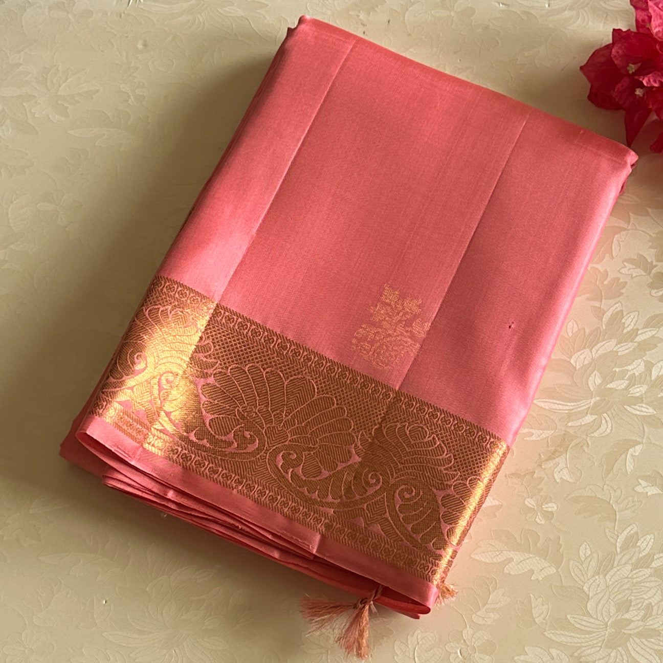 Coral Pink Saree Gold Border Floral Buta Festive Elegant Wear
