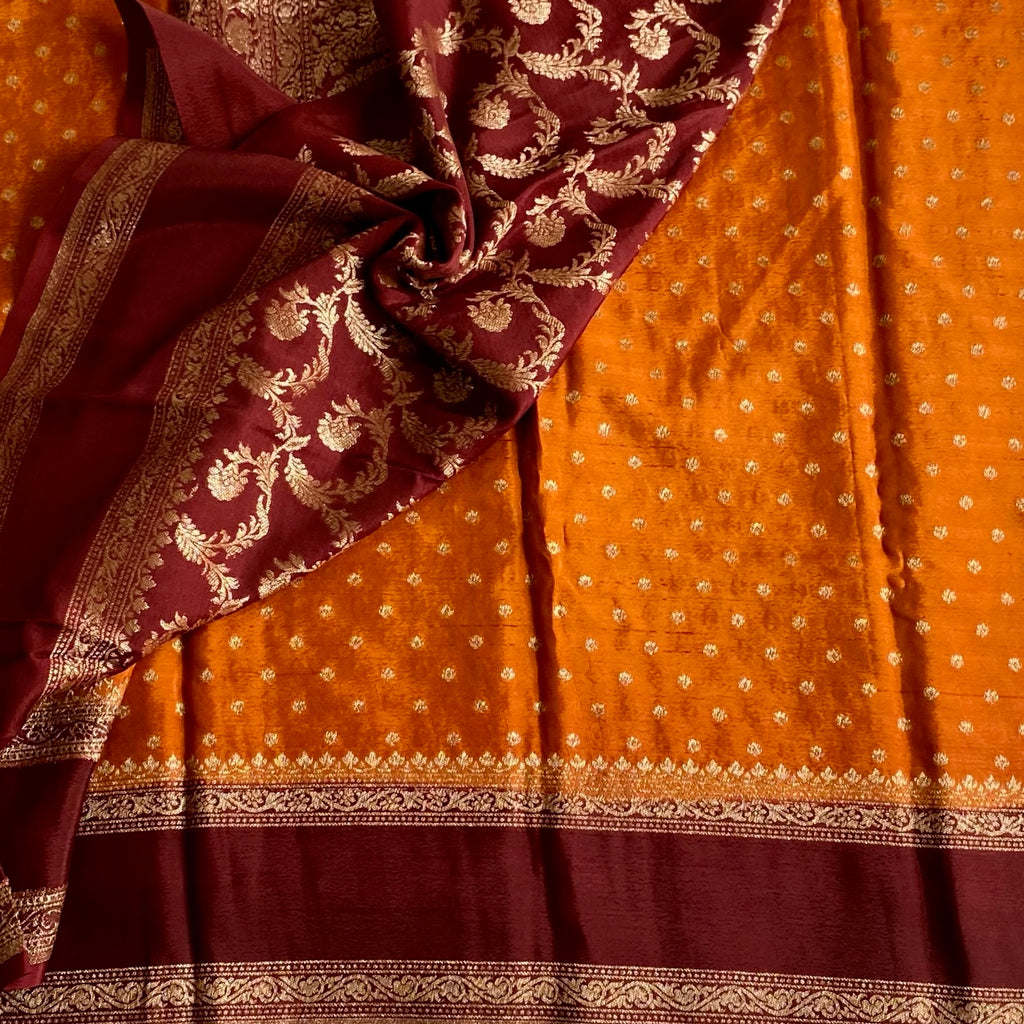Classic Rust Banarasi Crepe Silk Saree With Deep Maroon Pallu