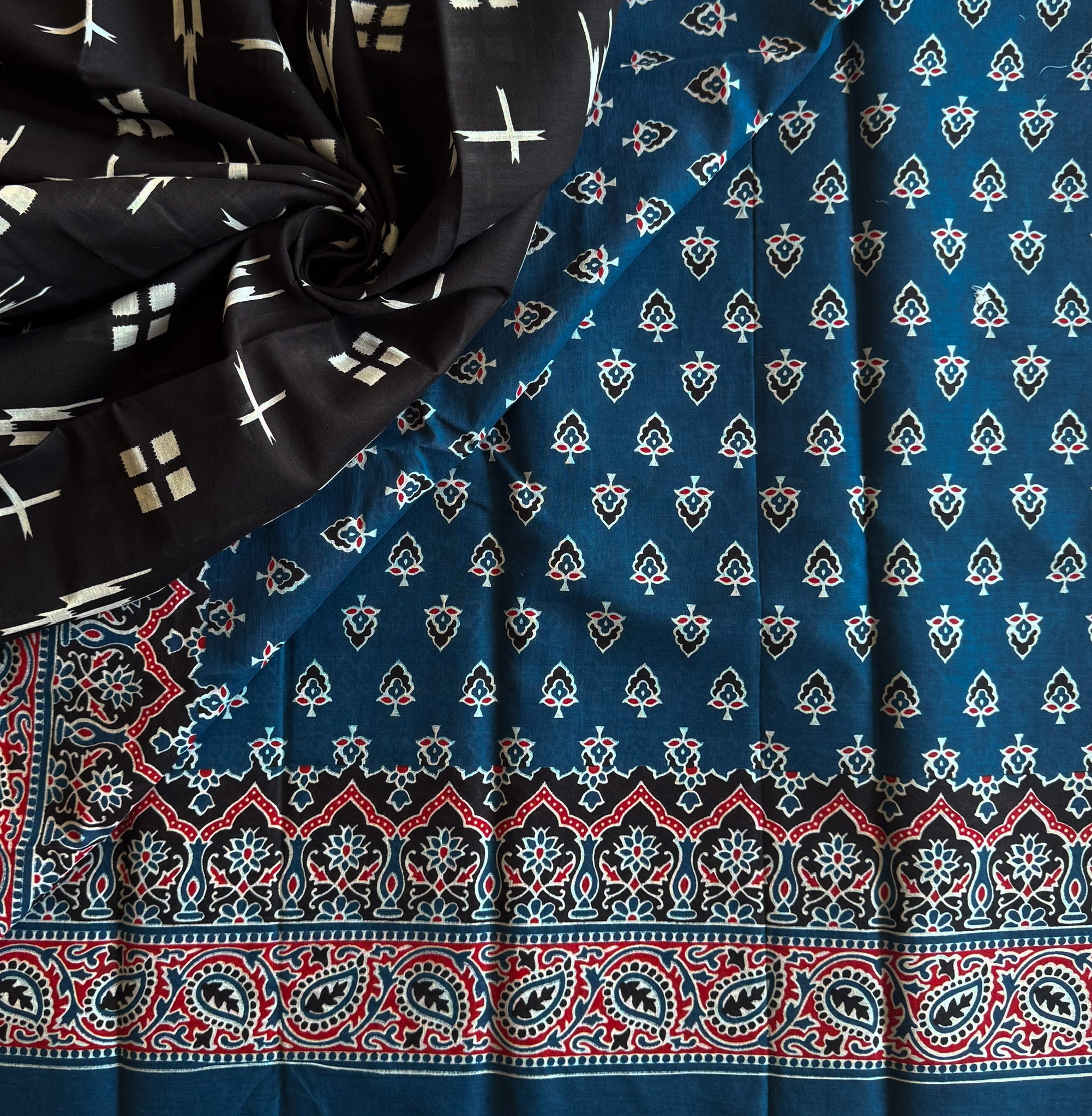 Indigo Red Block Print Cotton Saree Paisley Floral Casual Wear