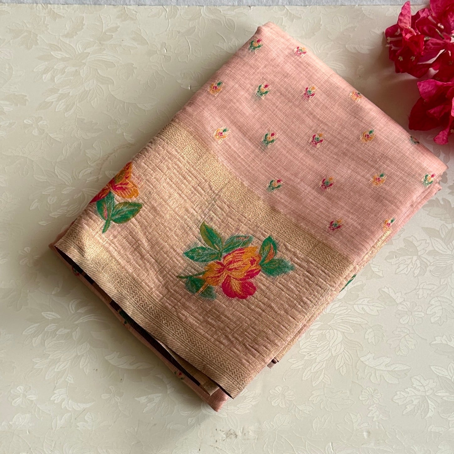 Peach Pink Floral Saree With Gold Brocade Border Tassel Pallu