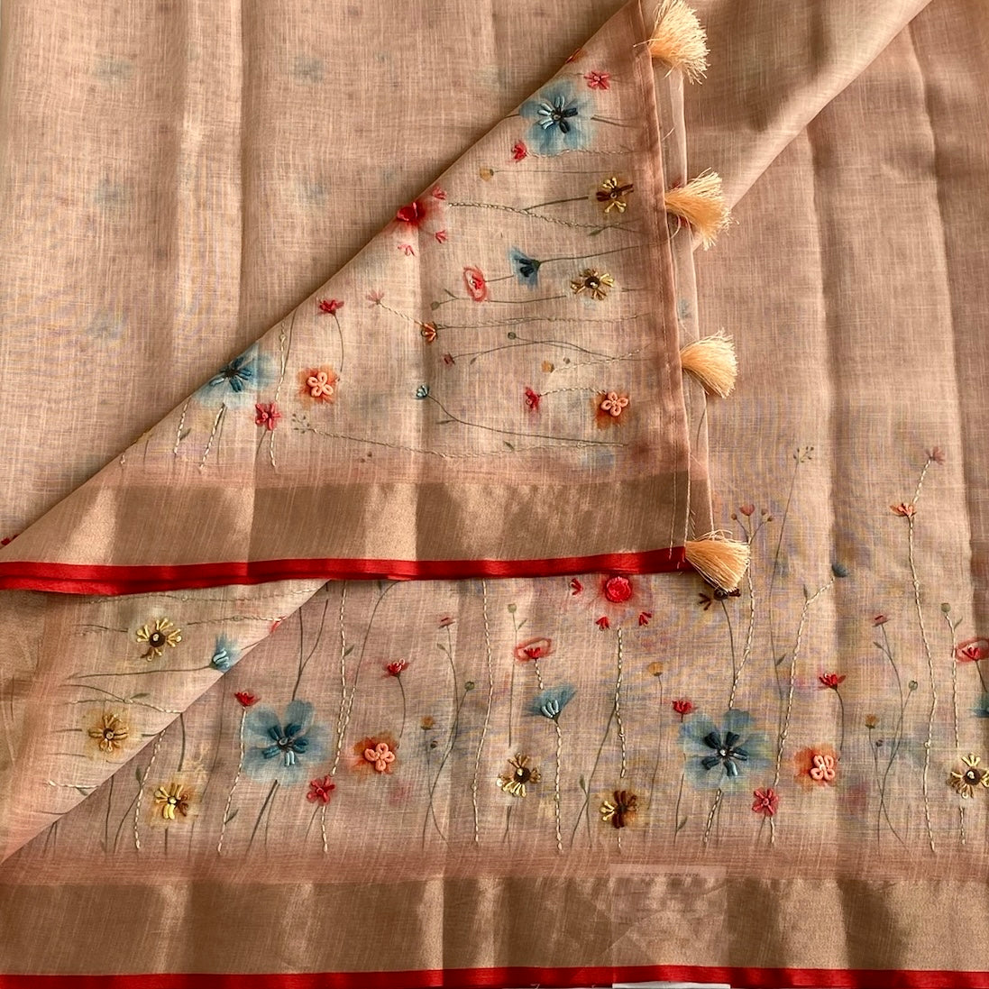 Blush Peach Soft Linen With Scarlet Red Border