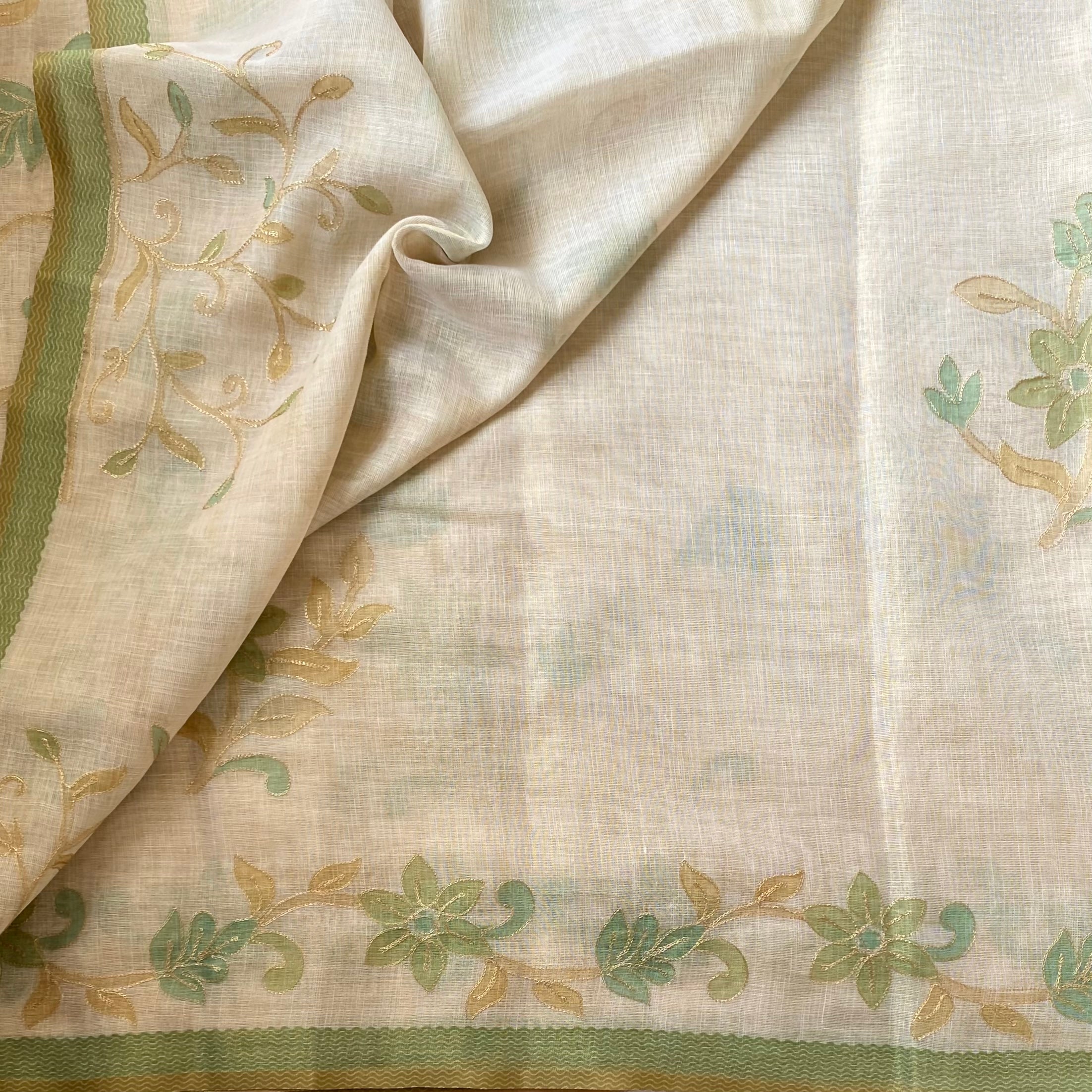 Ecru Sage Floral Embroidered Saree Gold Threadwork Green Border Tassels