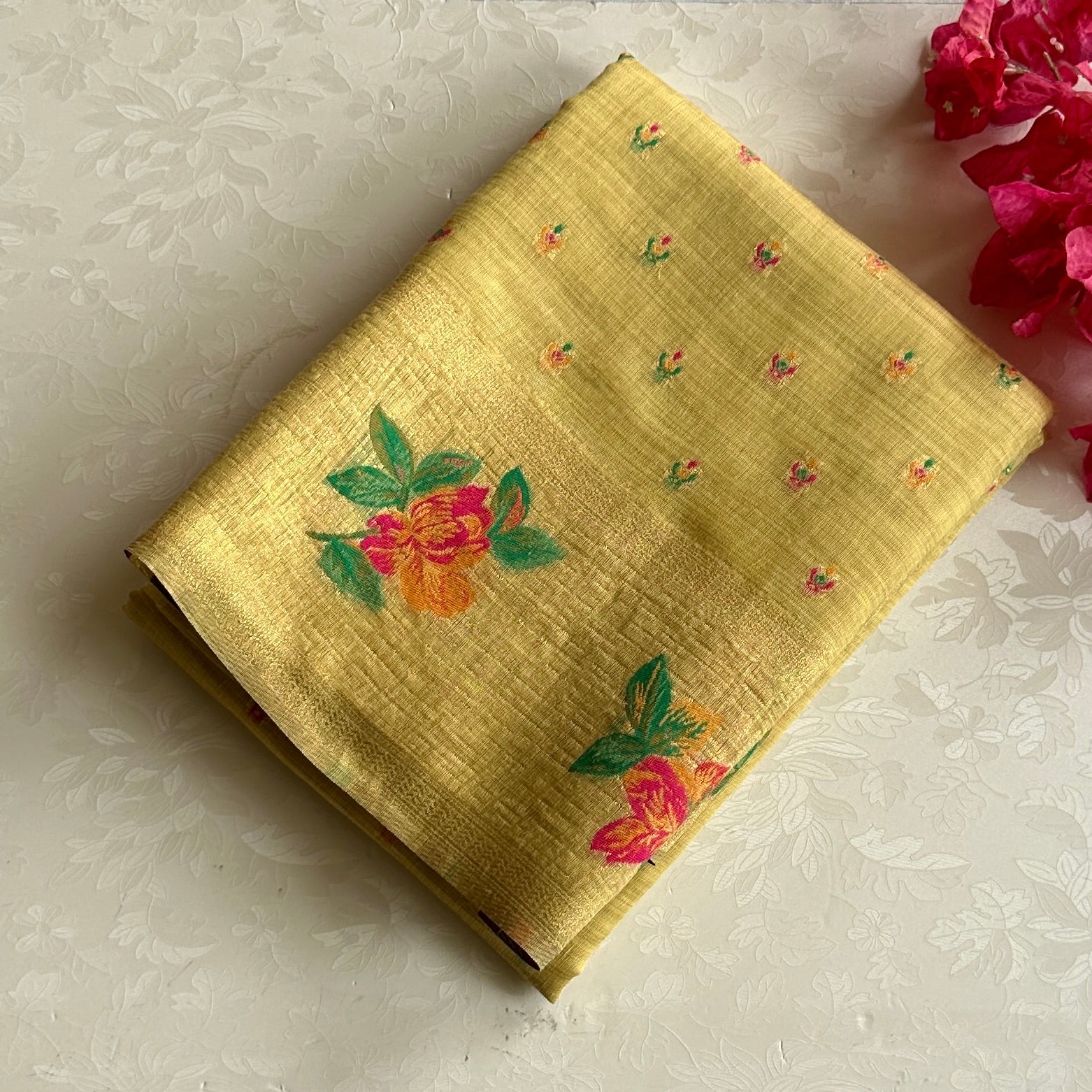Elegant Mustard Floral Print Saree With Gold Sheen Tassels Design