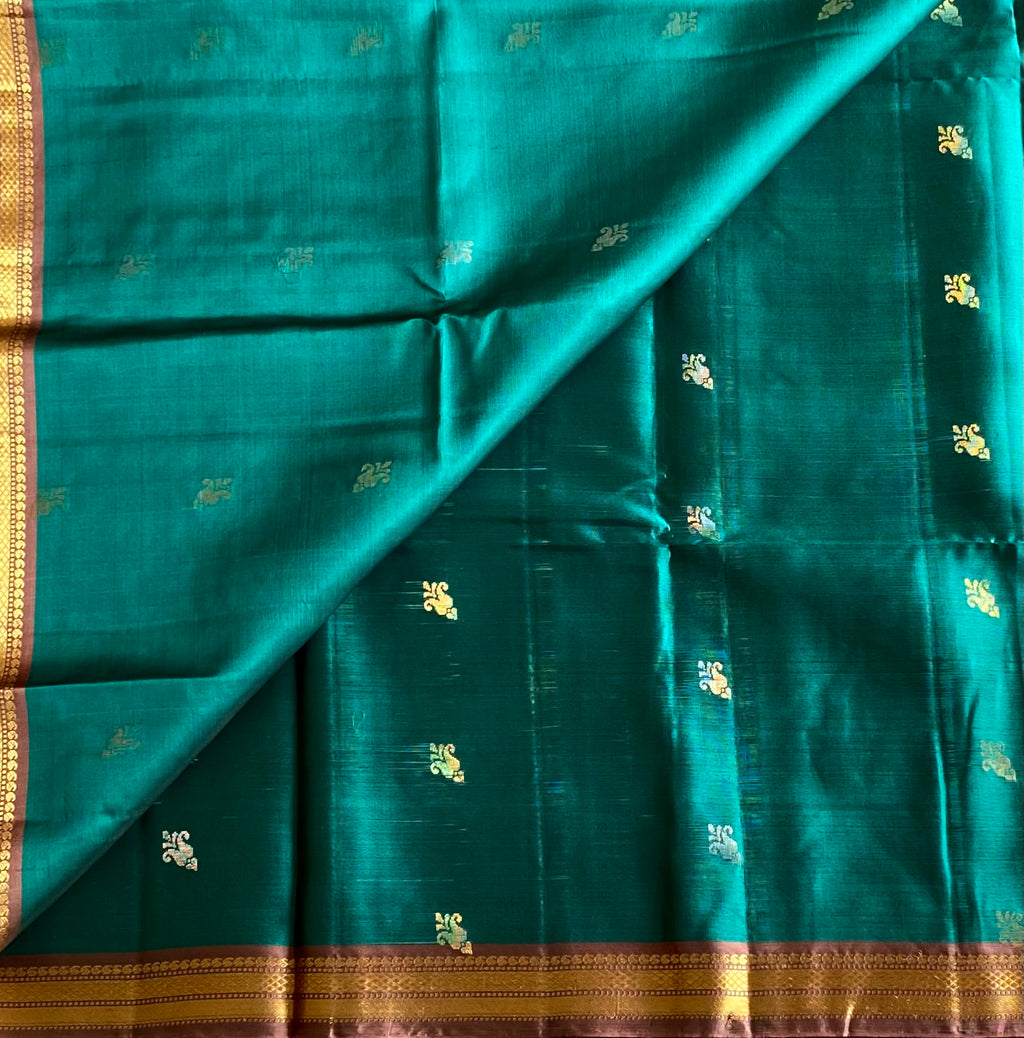 Teal Silk Saree with Burgundy Gold Zari Pallu and Border