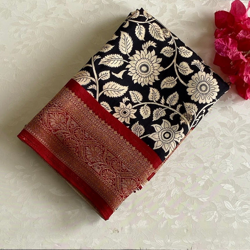 Jet Black premium Soft Tussar Silk Saree With Antique Gold Pallu