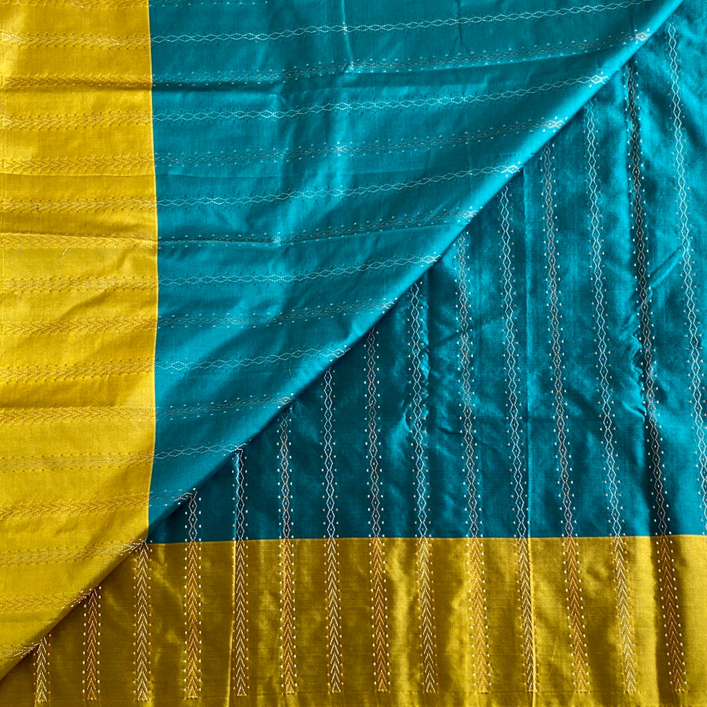 Peacock Blue Soft Blended Silk With Mustard Green Borders
