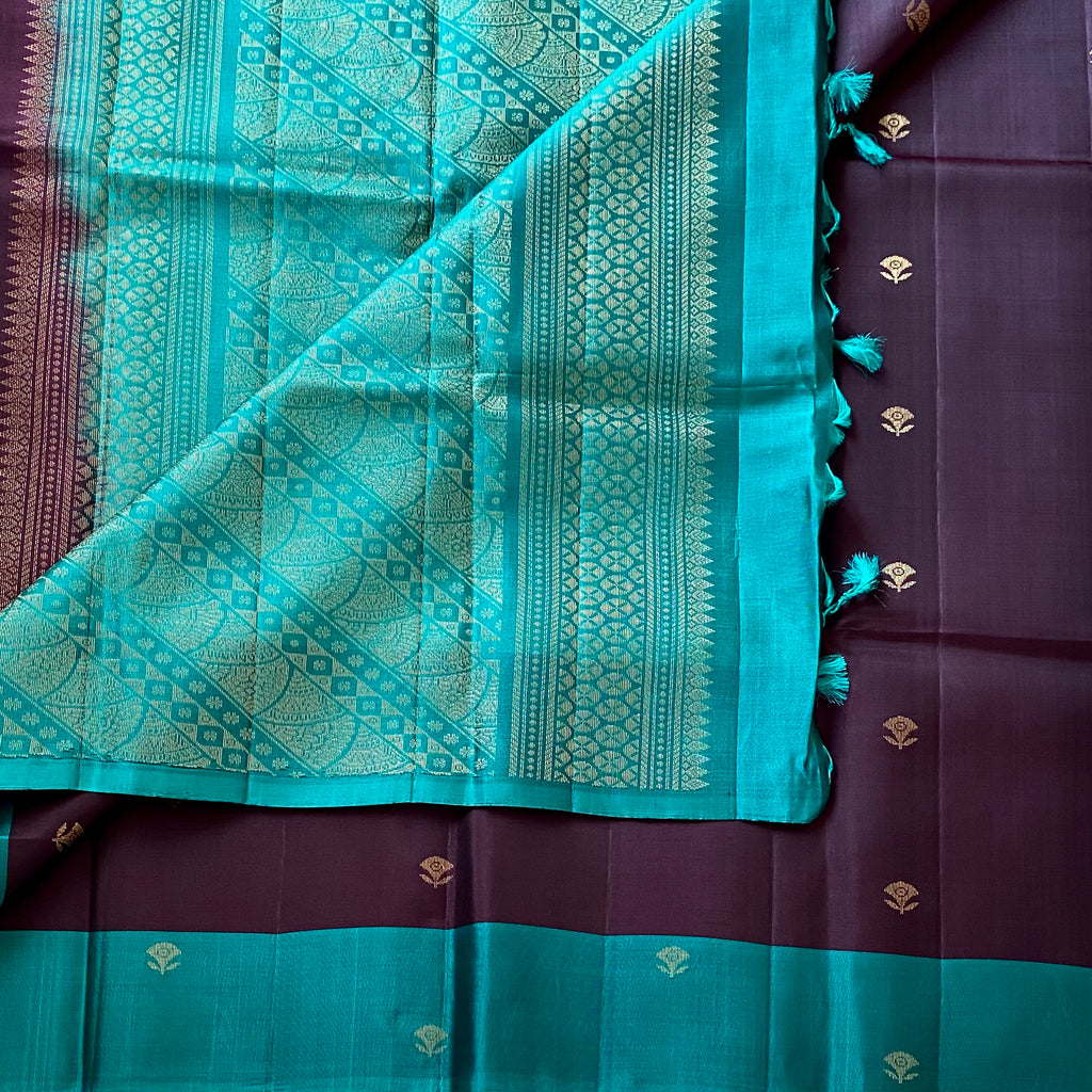 Wine Brown Designer Pure Silk With Teal Green Zari Border