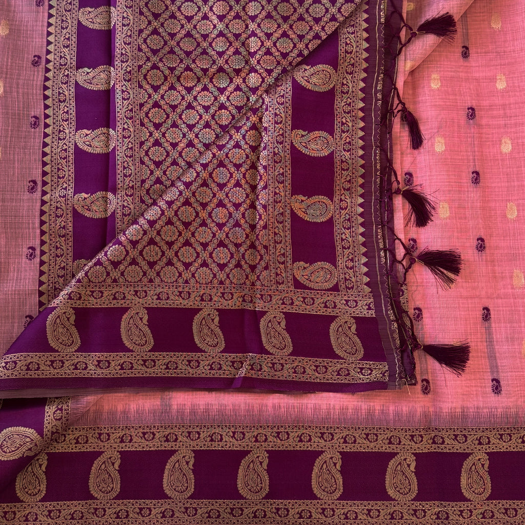 Plum Rose Pink Brocade Saree with Antique Gold Paisley Weave