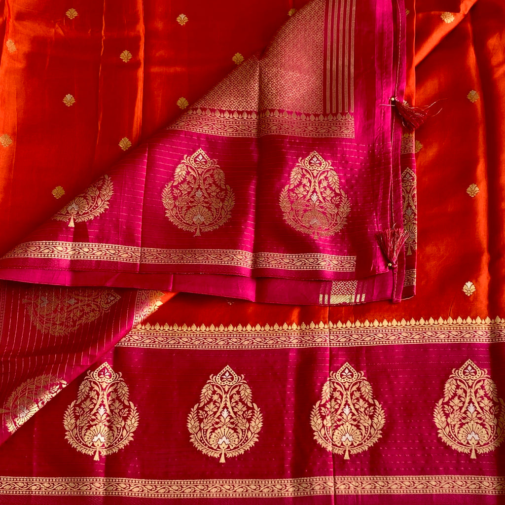 Burnt Orange Soft Tussar Silk Saree With Rani Pink Pallu