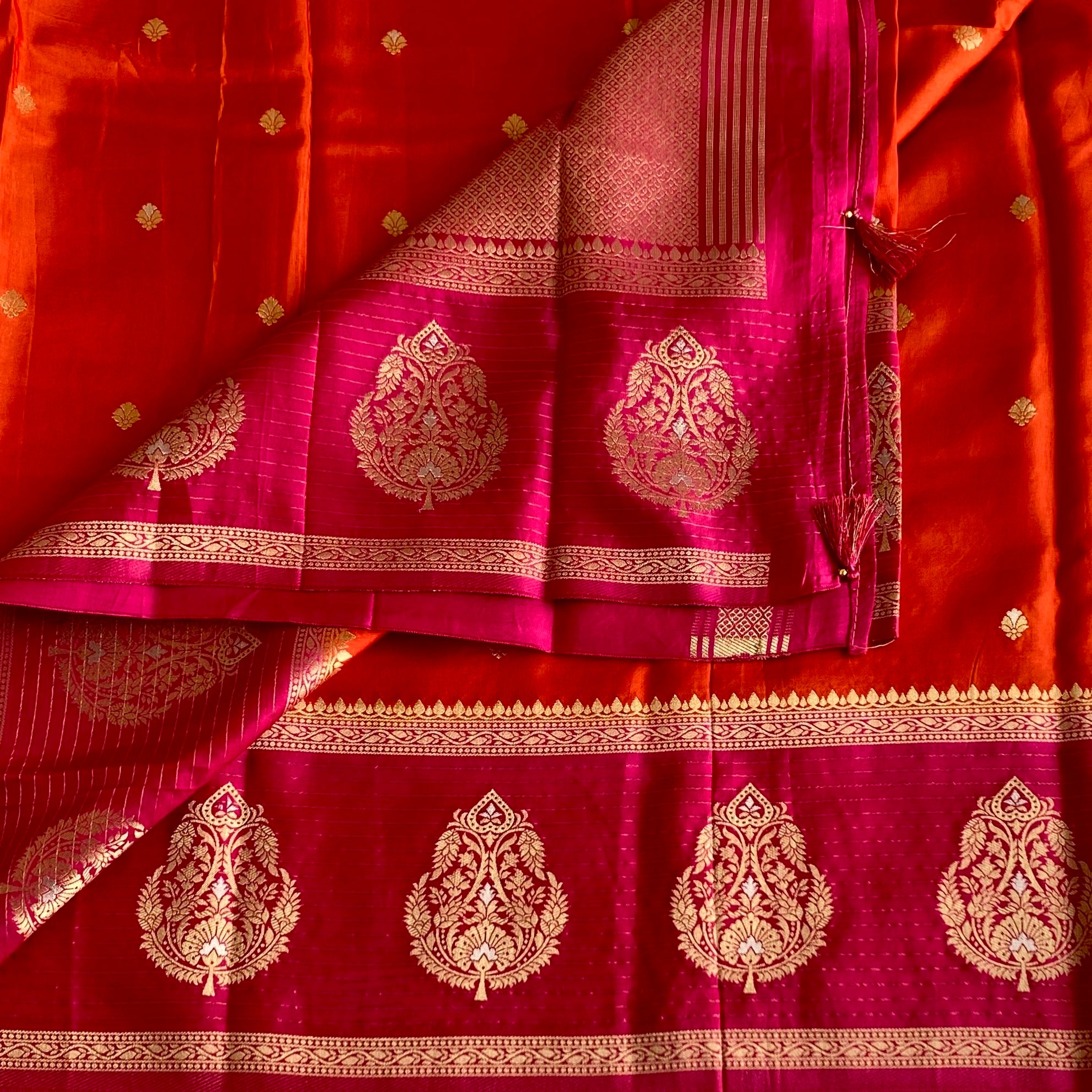 Burnt Orange Soft Tussar Silk Saree With Rani Pink Pallu