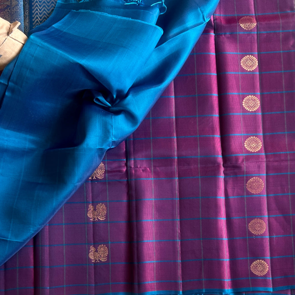 Checkered Stunner in gorgeous deep Magenta with turquoise handwoven pure silk