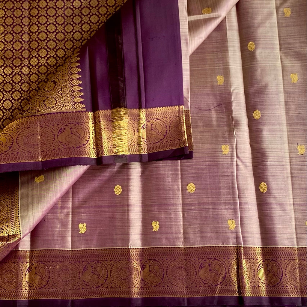 Dual shaded Metallic Lavender Kanjeevaram Pure Zari Silk Saree With Royal Purple Pallu