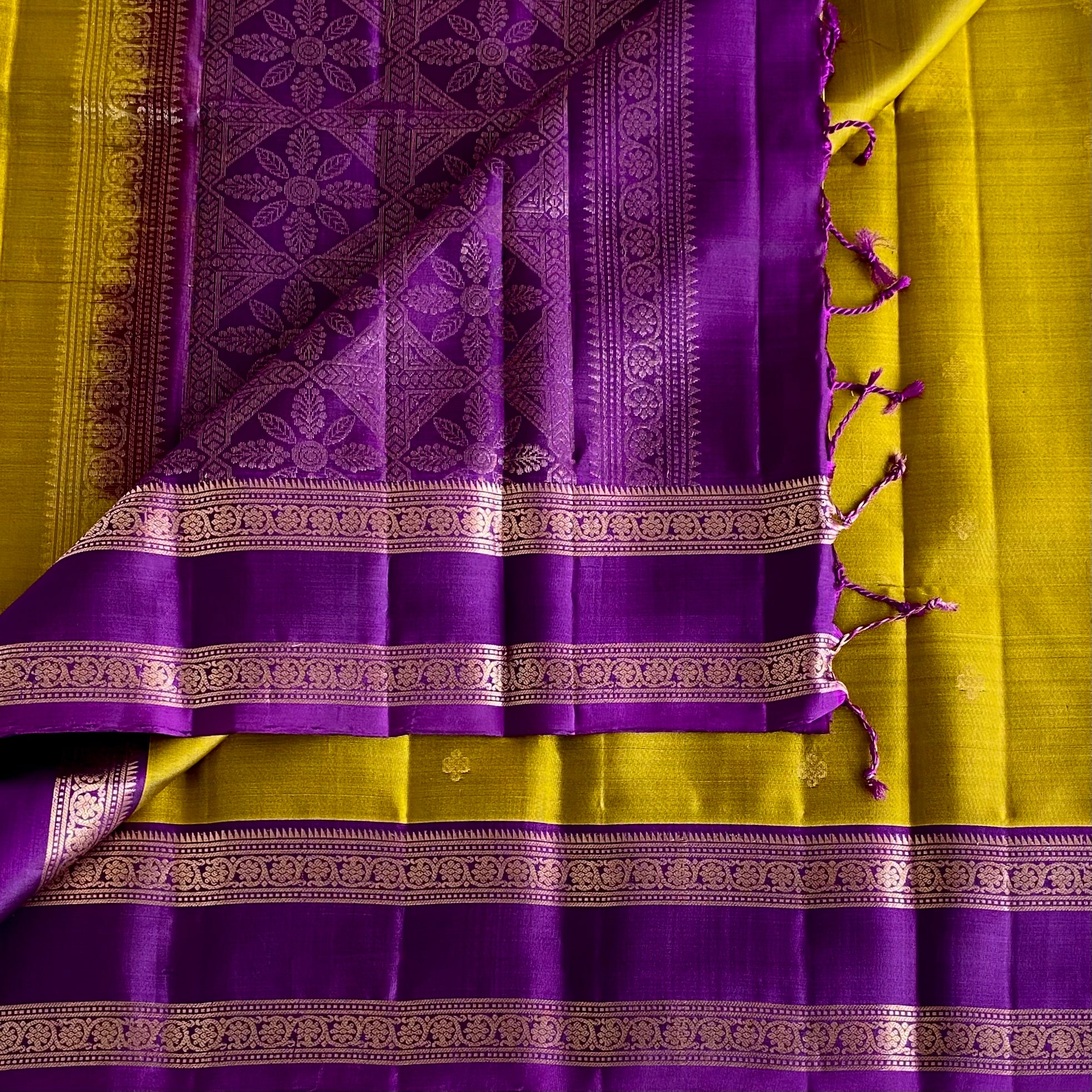 Lime Yellow With Purple And Rich Gold Kanchi Pure Silk Retta Petta Borders