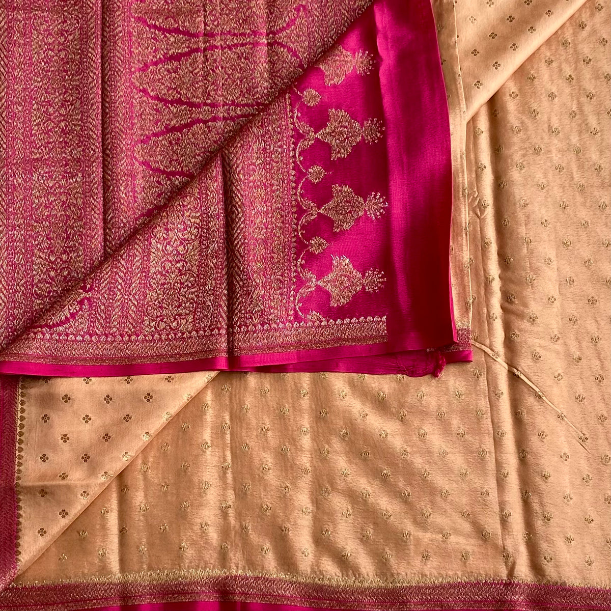 Peach Beige Banarasi Crepe Silk Saree With Rani Pink Pallu
