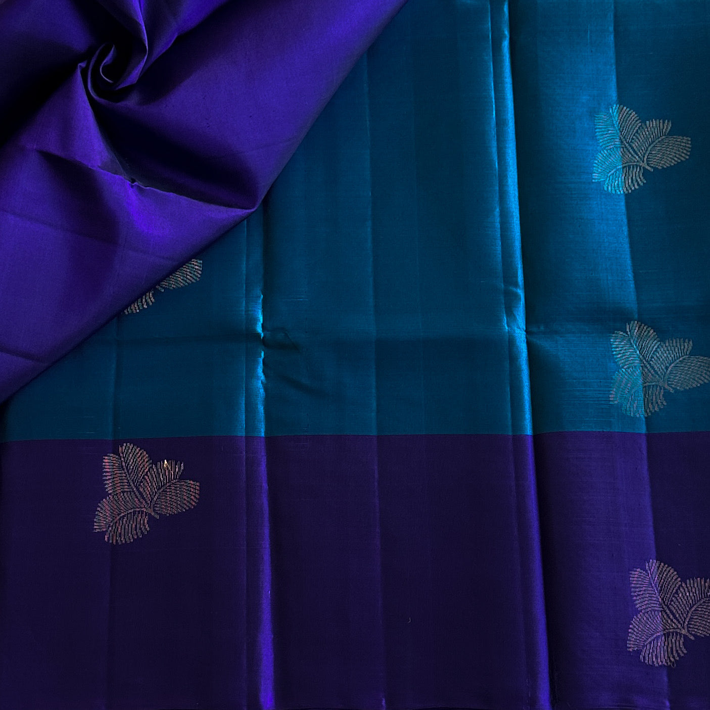 Royal Purple Teal Pallu Silk Saree With Gold Zari Border