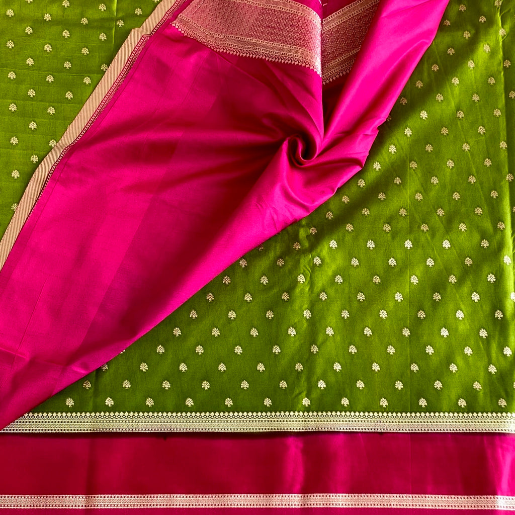Apple Green Fuchsia Zari Buti Silk Saree Traditional Festive Elegant