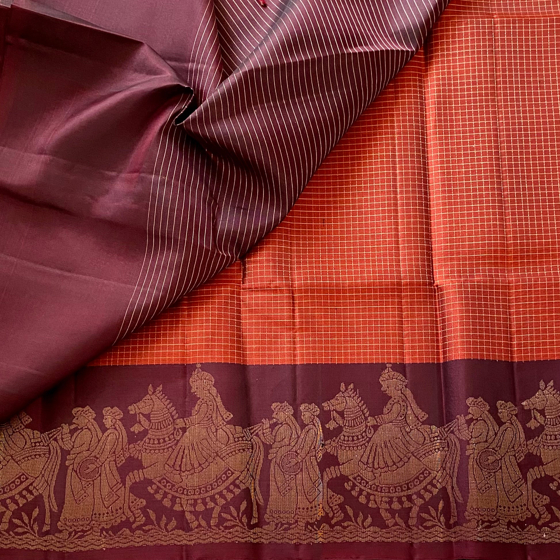 Brick Rust Designer Pure Silk Saree With Wine Brown Pallakki Borders