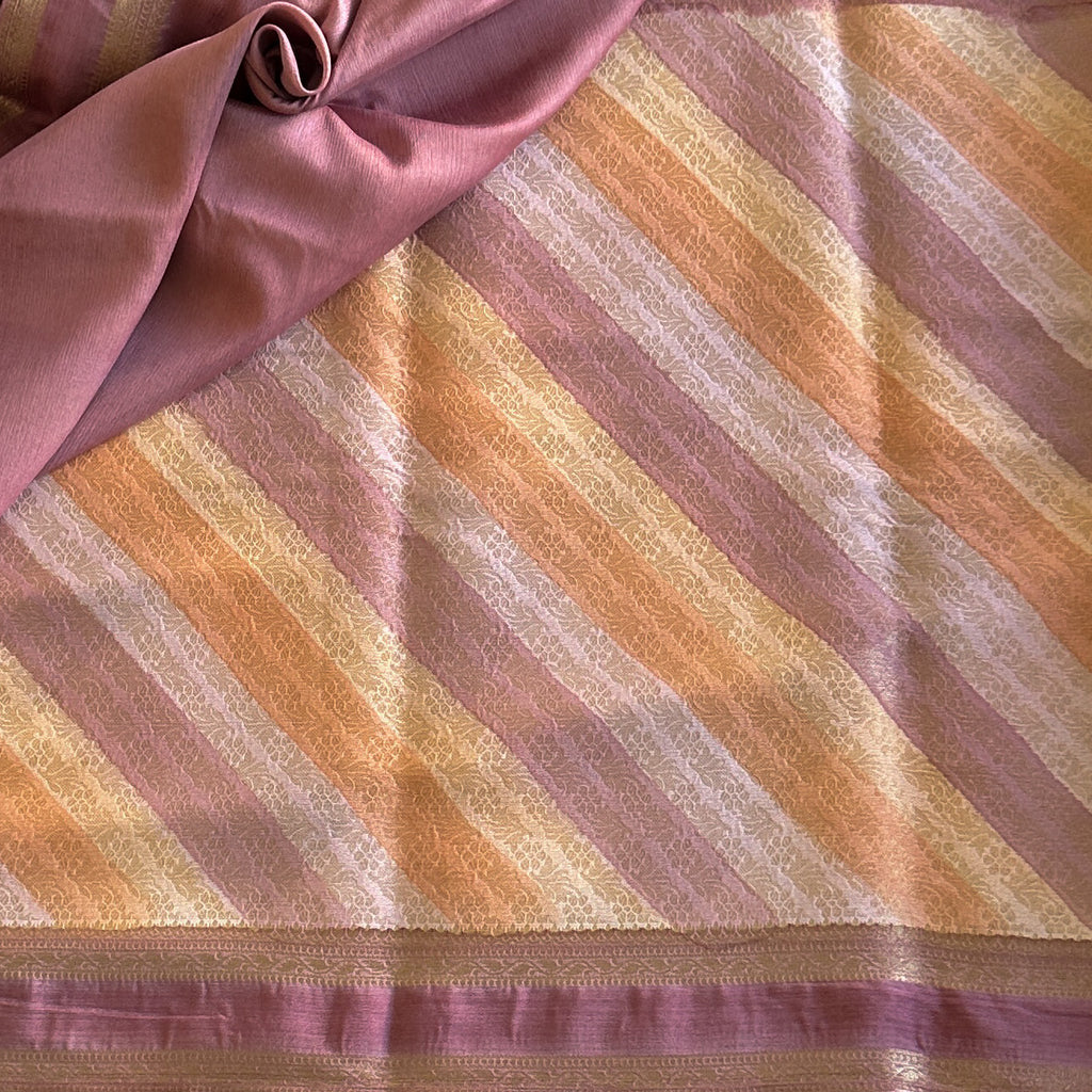 Mauve Gold Silk Diagonal Stripe Saree with Floral Jacquard Pallu